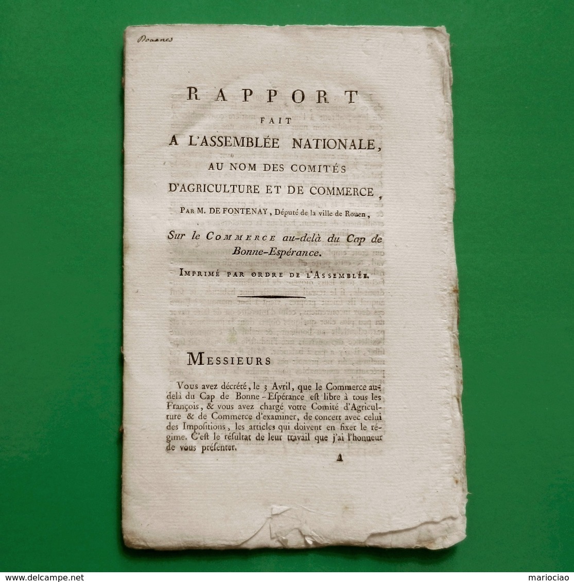 D-FR Révolution 1790 COMPAGNIE DES INDES Rapport Sur Le Commerce Au-delà Du Cap De Bonne-Espérance - Historical Documents