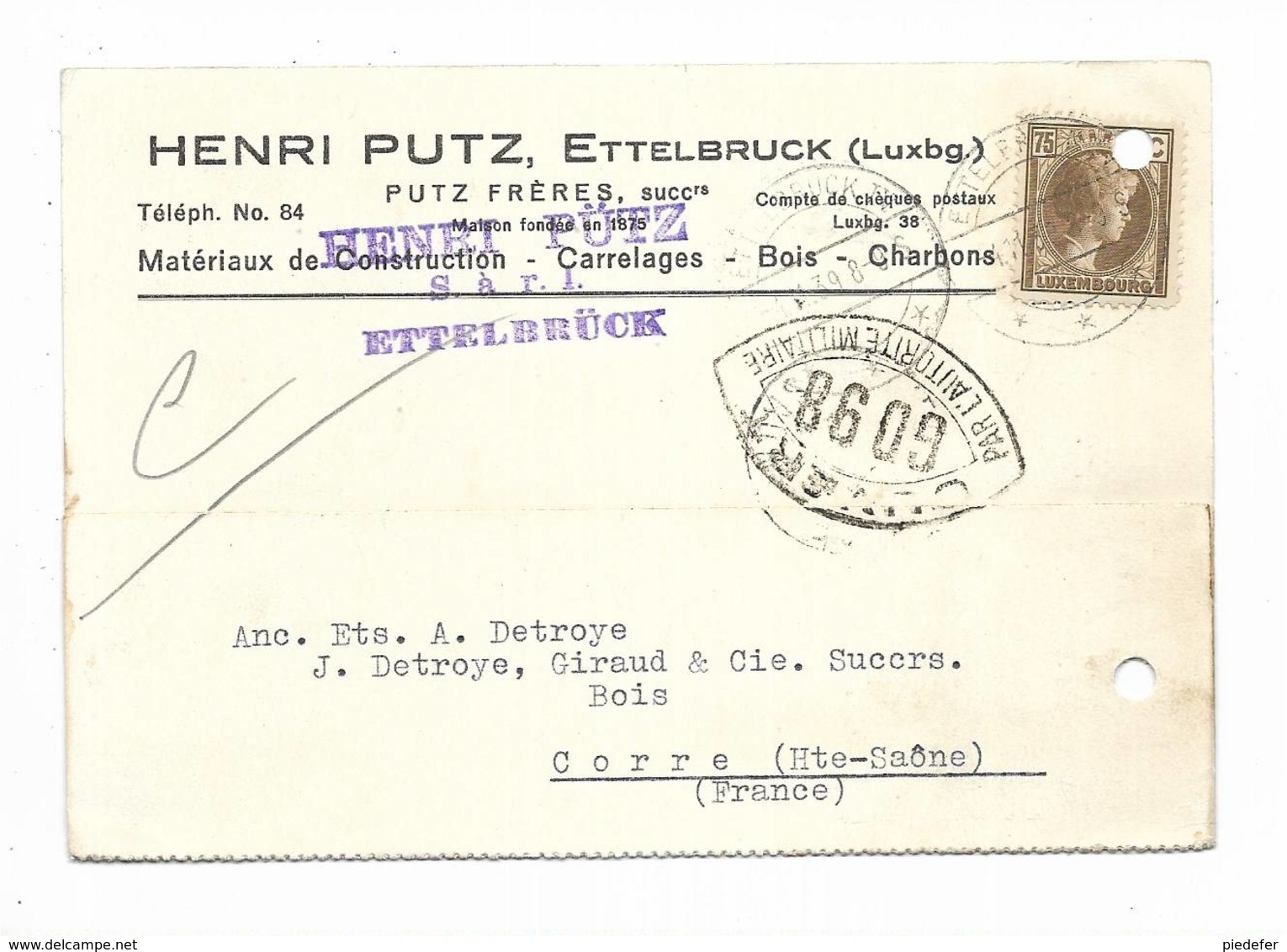 Luxembourg - Carte Commerciale Des Ets Henri PUTZ - Luxembourg - Ettelbruck Pour Corre ( 70 ) - 1939 - Ettelbrück