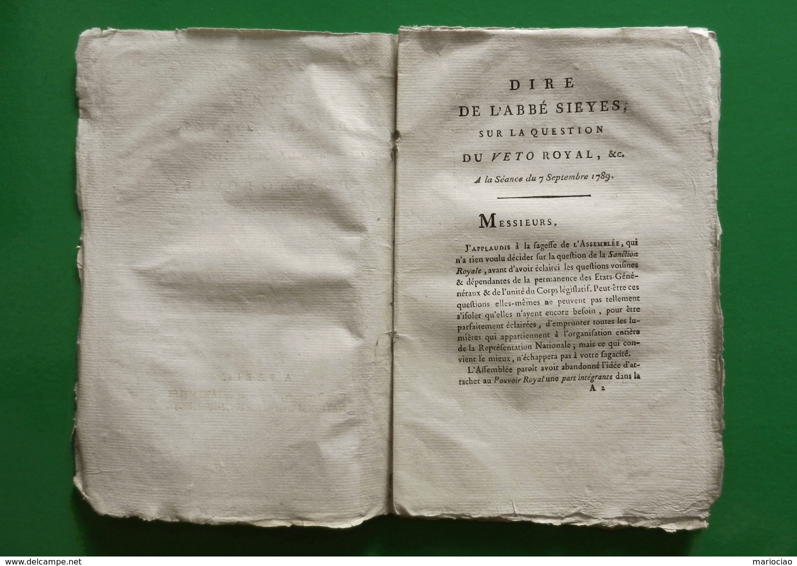 D-FR Révolution 1789 Dire De L'abbé SIEYES, Sur La Question Du Veto Royal - Documents Historiques
