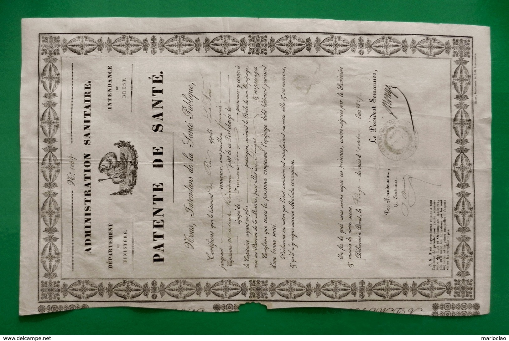 D-FR PATENTE DE SANTÉ Pour Navire De Brest Au Sénégal 1837 Goélette De Guerre La Fine Capitaine Laroche Kerandraon - Historical Documents