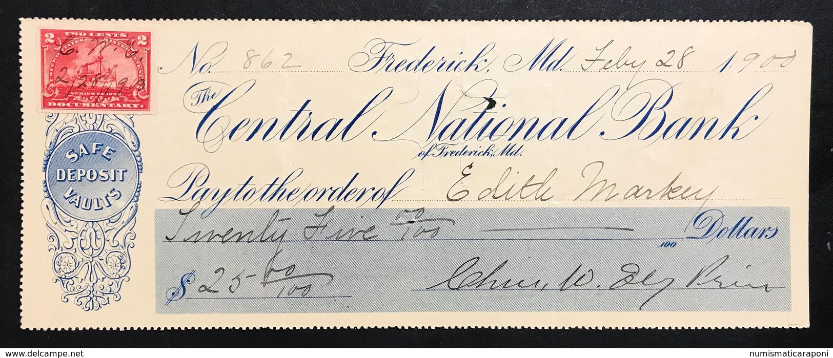 Central National Bank Pay To The Order 1900 Lotto 297 - United States