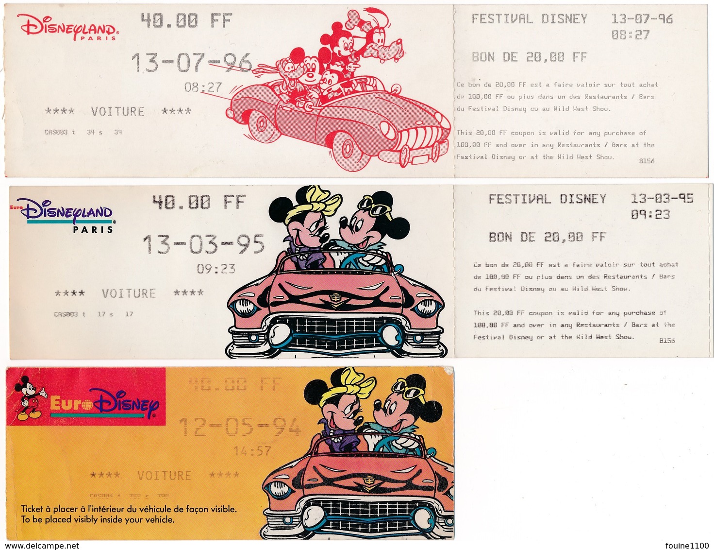 Lot De 6 Tickets De Parking Voiture ( Billet D' Entrée ) Eurodisney / Disneyland Paris DISNEY - Tickets D'entrée