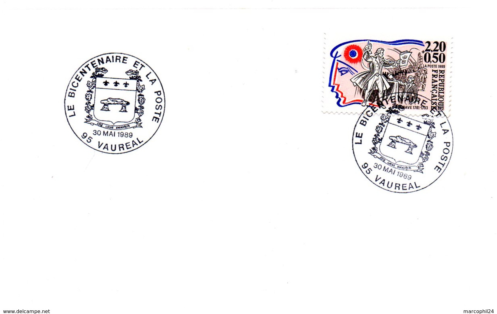 REVOLUTION = 95 VAUREAL 1989 = CACHET Illustré D' Un DOLMEN + ARMOIRIES ' BICENTENAIRE Et La POSTE  ' - Commemorative Postmarks