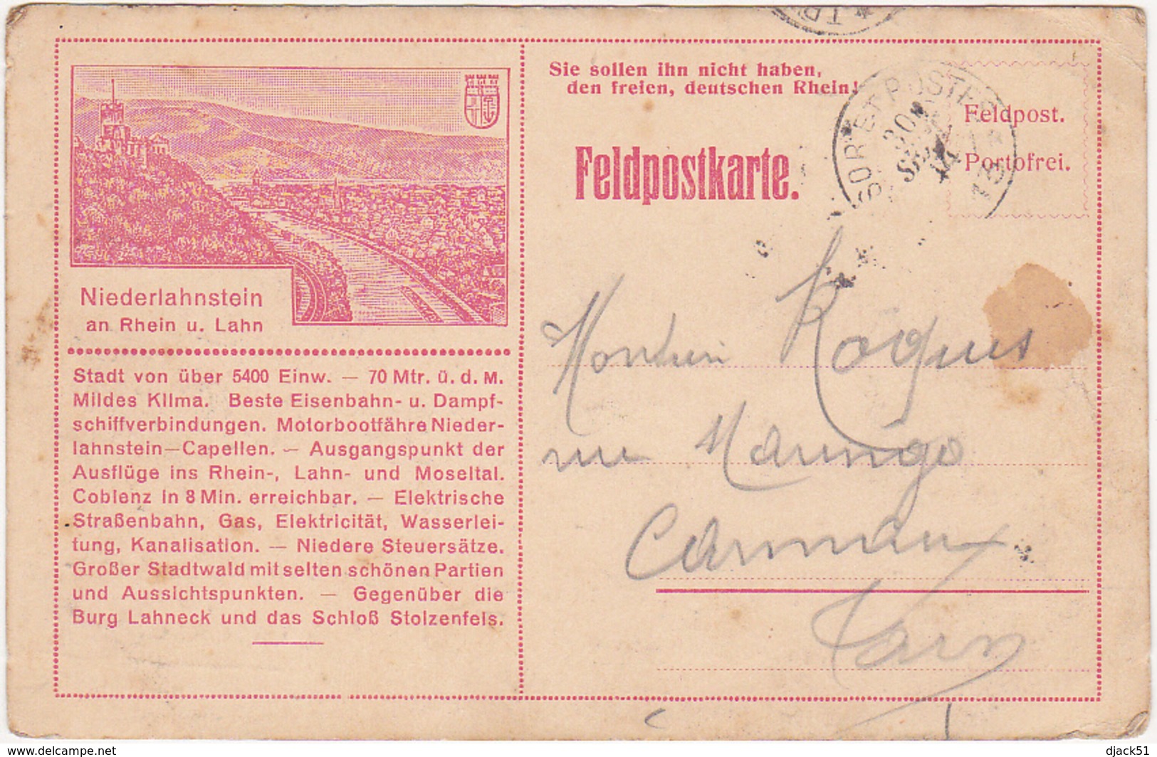 Feldposkarte - 1914 / Niederlahnstein / 8e Colonial 1er C. Toulon - War 1914-18