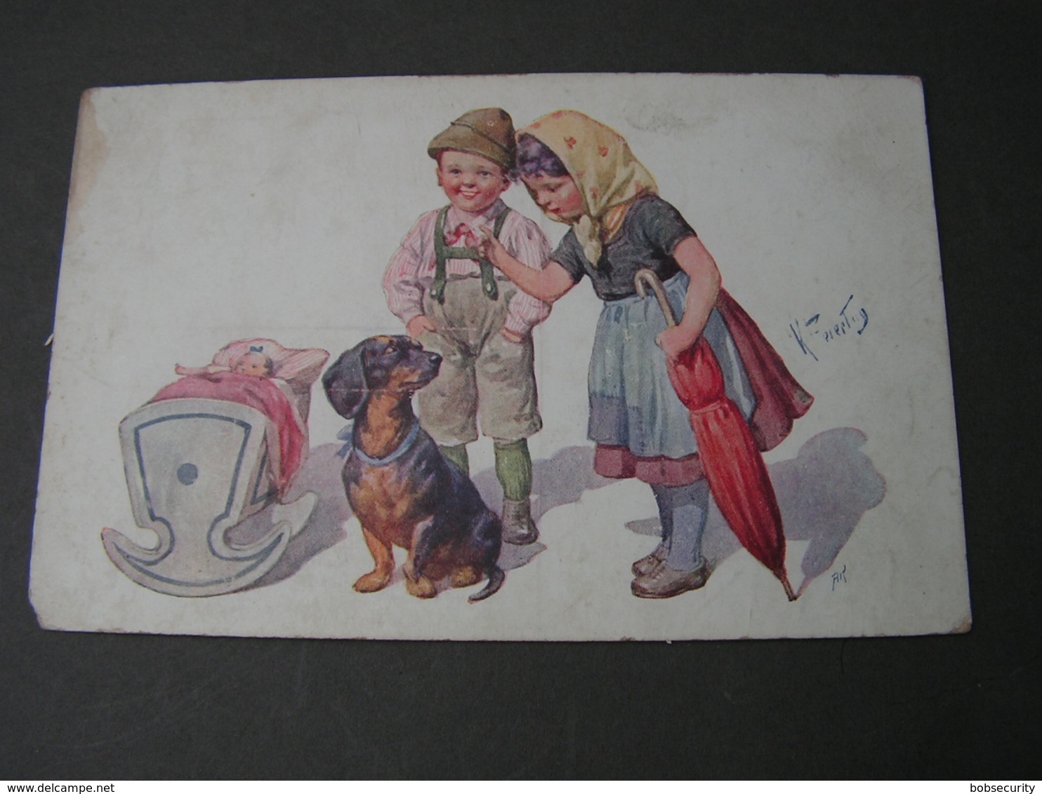 Dackel Und Kinder Sign. 1914, Leicht Eckrund - Hunde