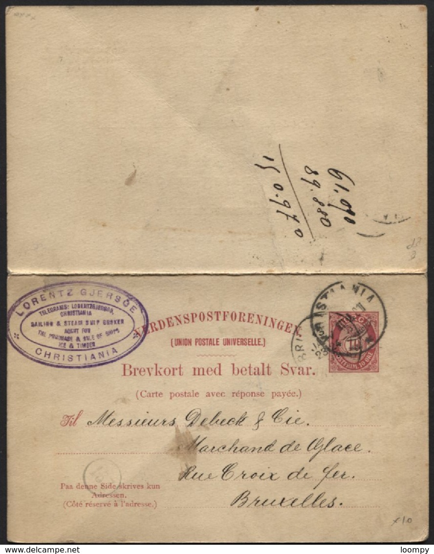 NORWAY NORGE NORVEGE - Double 10ö Postcard Stationery CHRISTIANIA To Belgium 1901 (*10) - Postal Stationery