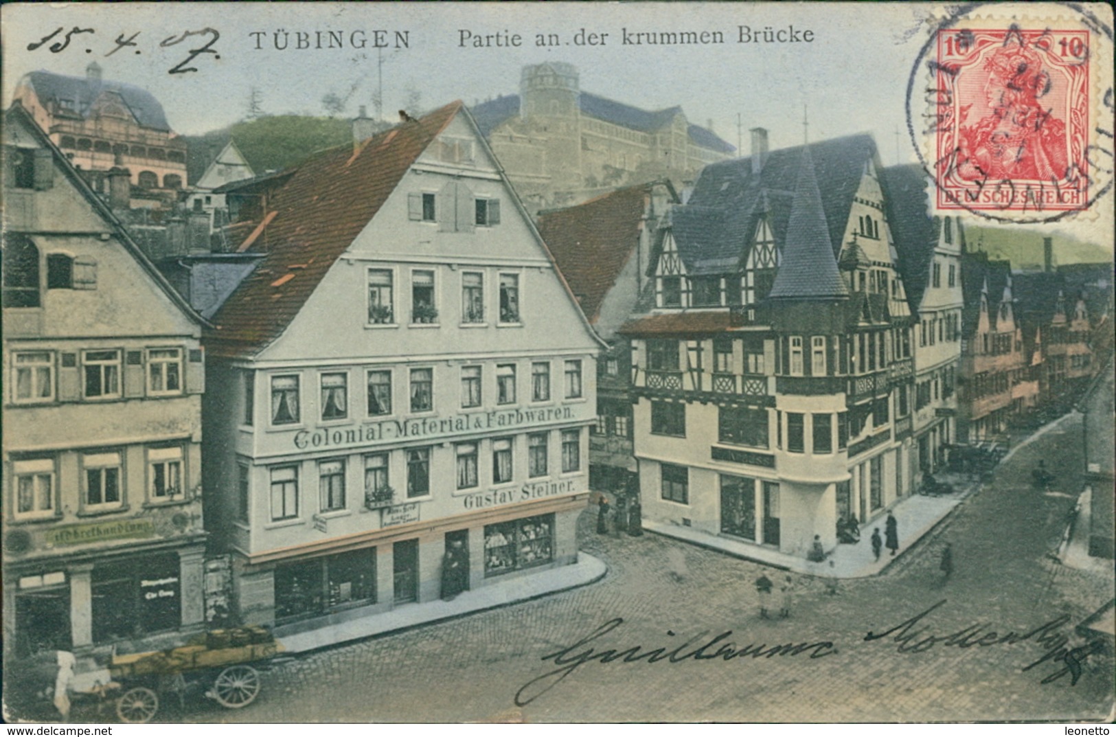 AK Tübingen, Partie An Der Krummen Brücke Mit Colonial-Material & Farbwaren Gustav Steiner, O 1907, Eckknicke (30609) - Tübingen
