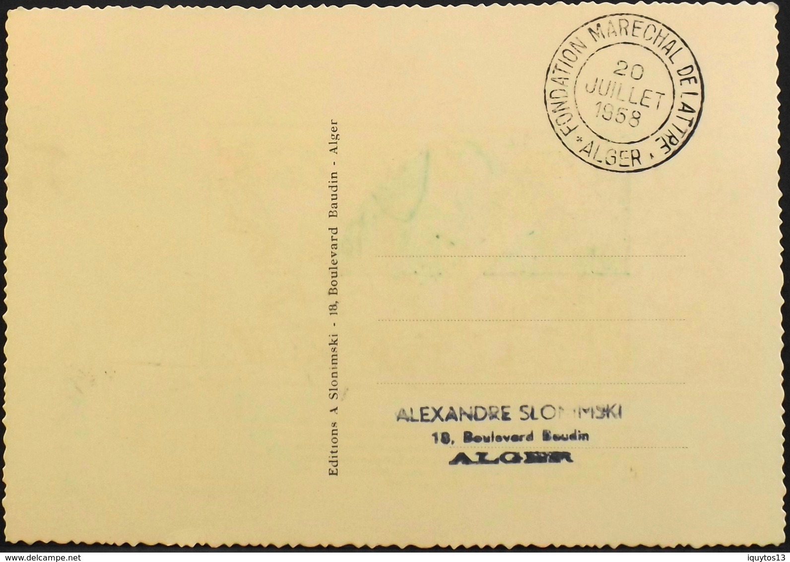 CP. Philatélique ALGERIE 1958 - Fondation Maréchal DE LATTRE - Affr. N° 352 Y & T - Alger Daté Le 20.7.1958 -TBE - FDC