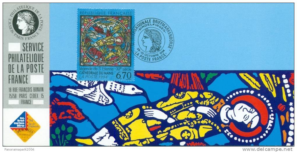 123 Carte Officielle Exposition Internationale Exhibition Sindelfingen 1994 FDC Cathédrale Mans Vitrail Tableau Painting - Chiese E Cattedrali