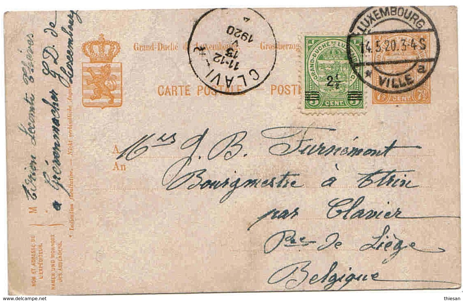 Luxembourg Belgique Clavier Entier 1920 Lettre Cover - 1907-24 Abzeichen