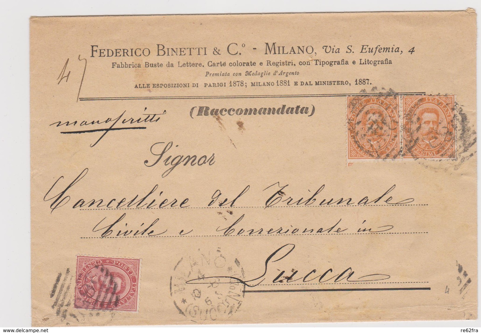 Milano-Lucca In Raccomandata 4.10.1888, Federico Binetti & C, Milano, Fabbrica Buste Da Lettere - Marcophilie