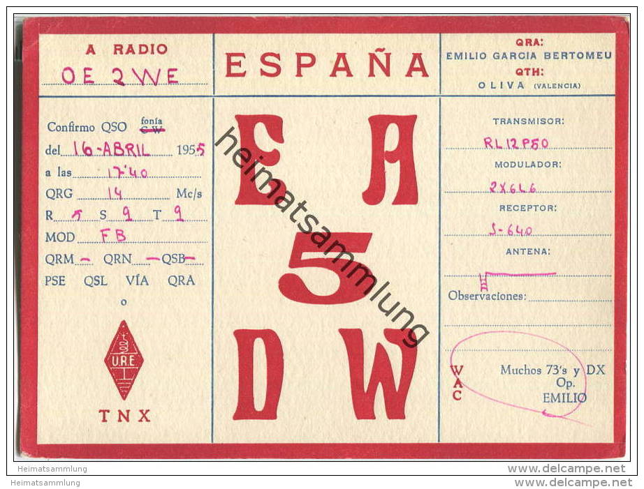 QSL - QTH - Funkkarte - EA-5-DW - Espana - Oliva Valencia - 1955 - Radio Amateur