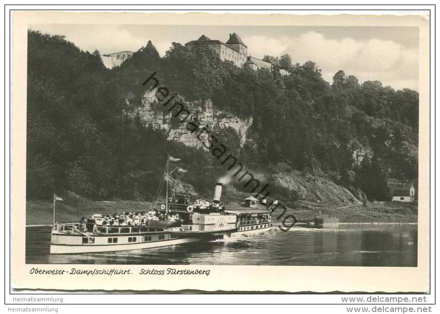 Oberweser Dampfschiffahrt - Schloss Fürstenberg - Fahrgastschiff Kaiser Wilhelm - Foto-AK - Verlag Carl Thoericht Hann. - Hoexter