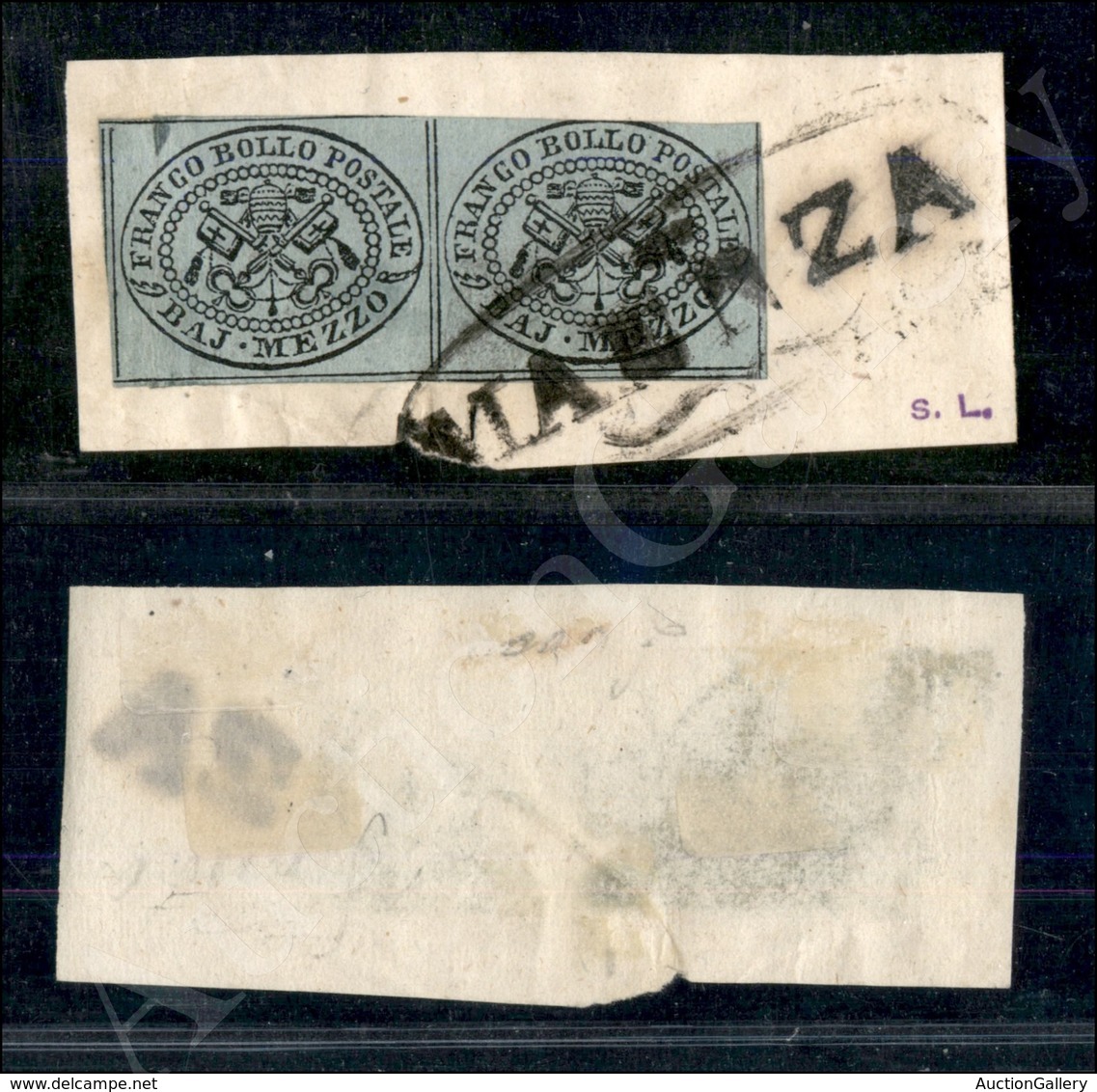 A17-104-A08-45 ANTICHI STATI - PONTIFICIO - 1852 - Maenza (pt. R3) - Coppia Del Mezzo Baj Grigio Azzurro (1a) Su Frammen - Altri & Non Classificati