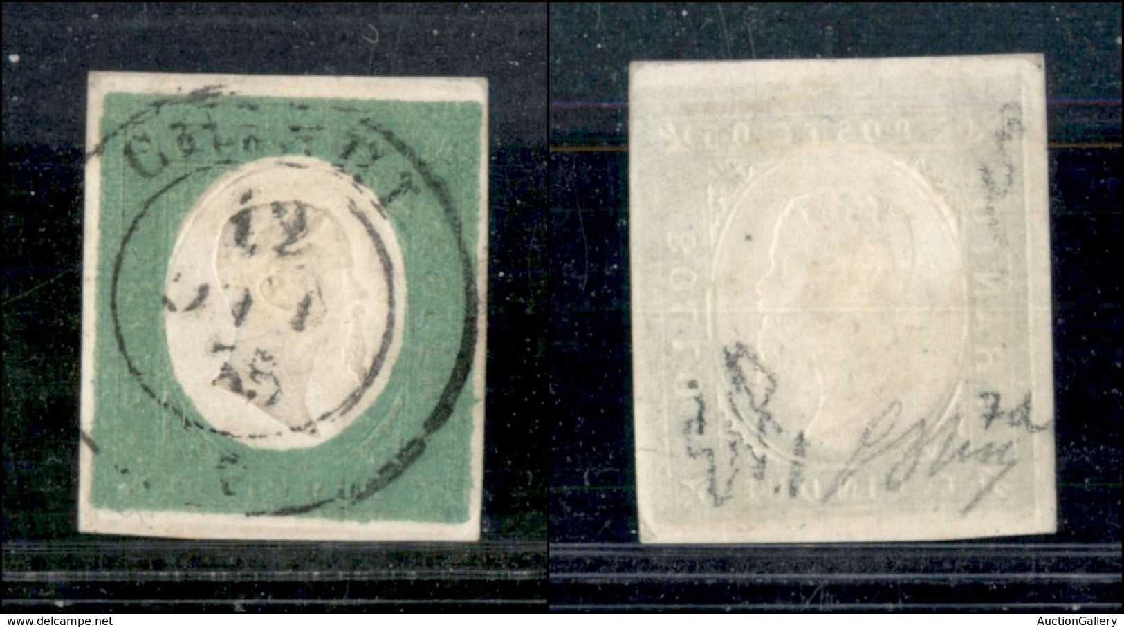 A17-358-A14-0067 ANTICHI STATI - SARDEGNA - 1854 - 5 Cent Verde (7d) - Chieri 12.10.55 - Molto Bello - Diena + Oliva (1. - Altri & Non Classificati