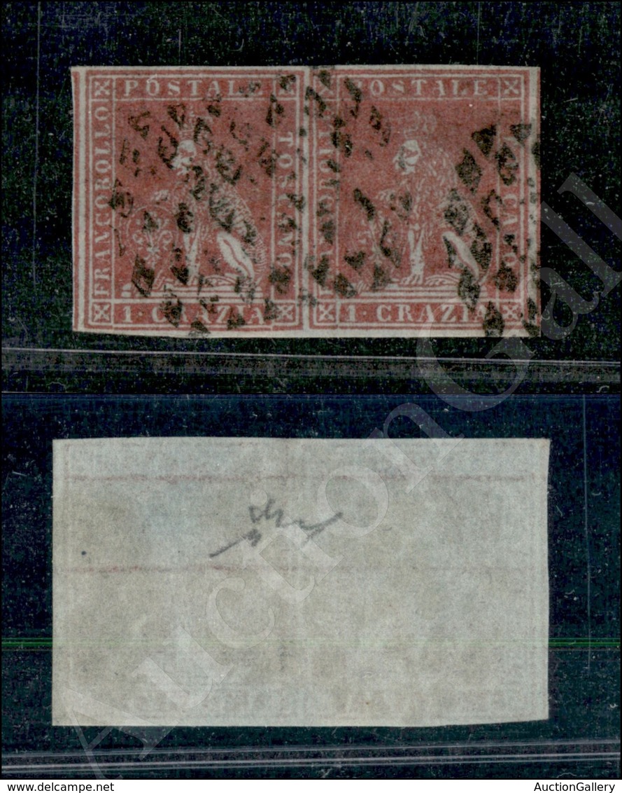 A17-124-A08-102 ANTICHI STATI - TOSCANA - 1851 - 1 Crazia Carminio Violaceo (5c - Carta Azzurra) - Coppia Orizzontale -  - Autres & Non Classés