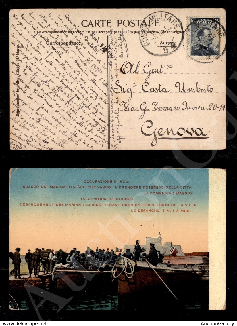 A17-229-A08-499 COLONIE - EGEO - Rodi - 15 Cent Grigio Nero (4) Su Cartolina Della PM 94 A Genova Del 8.10.19 - Sonstige & Ohne Zuordnung