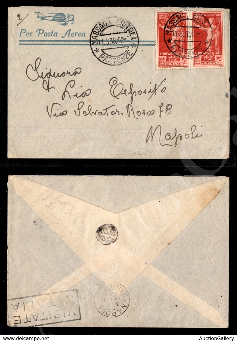 A17-226-A08-490 COLONIE - EMISSIONI GENERALI - Coppia Del 75 Cent (25) Su Aerogramma Da Massaua A Napoli Del 11.6.38 - Sonstige & Ohne Zuordnung