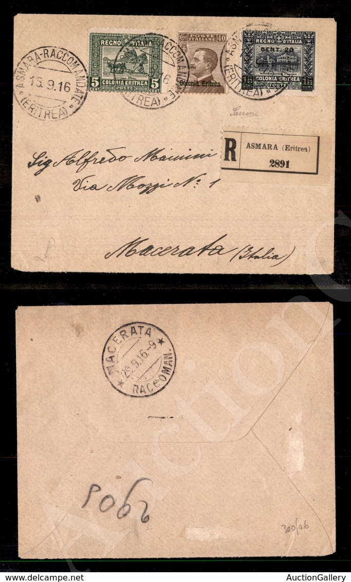 A17-233-A08-505 COLONIE - ERITREA - 5 Cent (34) + 40 Cent (38) + 20 Cent Su 15 (46) - Raccomandata Da Asmara A Macerata  - Other & Unclassified