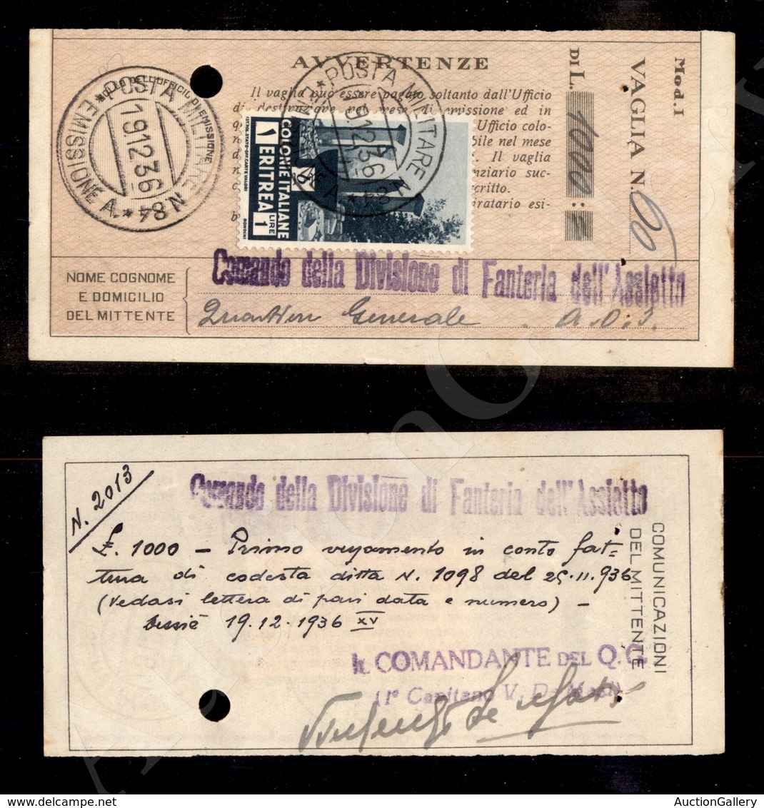 A17-234-A08-508 COLONIE - ERITREA - Posta Militare N.84 Emissione A - 1 Lira (209) Su Ricevuta Vaglia Del 19.12.36 - Other & Unclassified