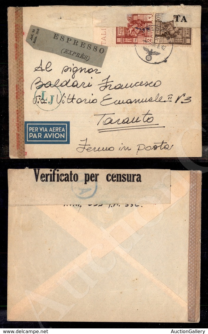 A17-248-A08-566 COLONIE - LIBIA - Feldpost B 06.8.42 - 40 Cent + 2 Lire (55+57) Aerogramma Espresso Per Taranto - Censur - Other & Unclassified