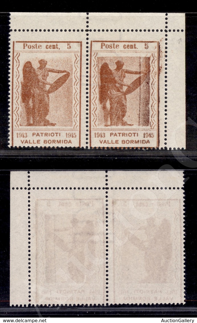 A17-178-A08-376 EMISSIONI CLN - VALLE BORMIDA - 1945 - Coppia Angolare Del 5 Cent Vittoria (9bb) Con Filigrana Lettere - - Other & Unclassified