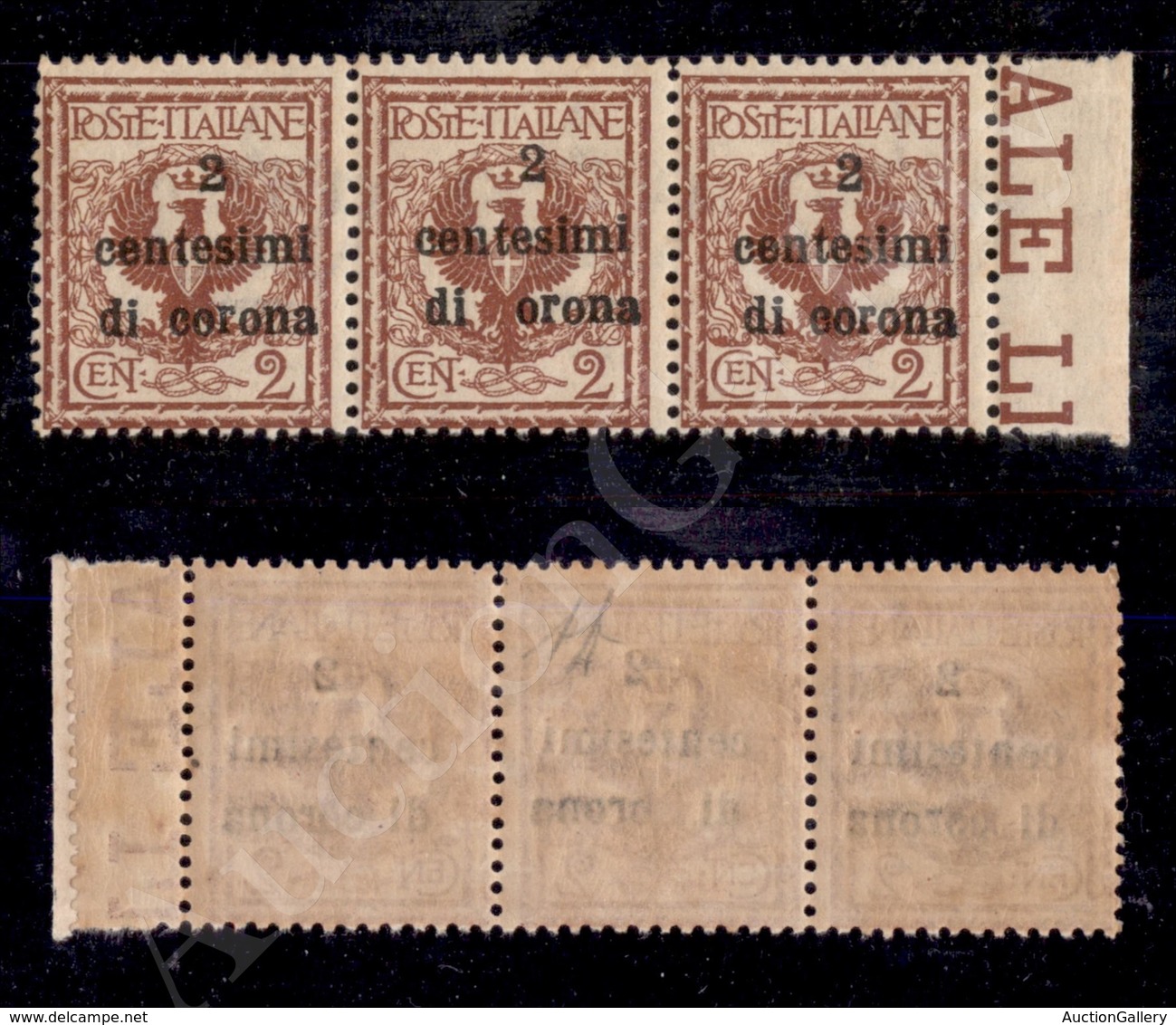 A17-200-A08-424 OCCUPAZIONI - TRENTO E TRIESTE - 1919 - Striscia Di Tre Del 2 Cent Su 2 (2) Con Al Centro “orona” (2g) - - Other & Unclassified