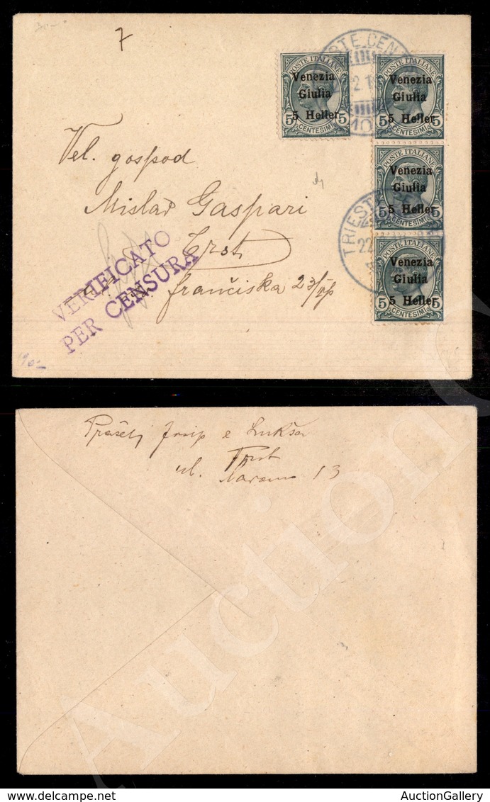 A17-197-A08-419 OCCUPAZIONI - VENEZIA GIULIA - Bustina Affrancata Con Striscia Di Tre E Singolo Del 5 Heller Su 5 Cent ( - Other & Unclassified