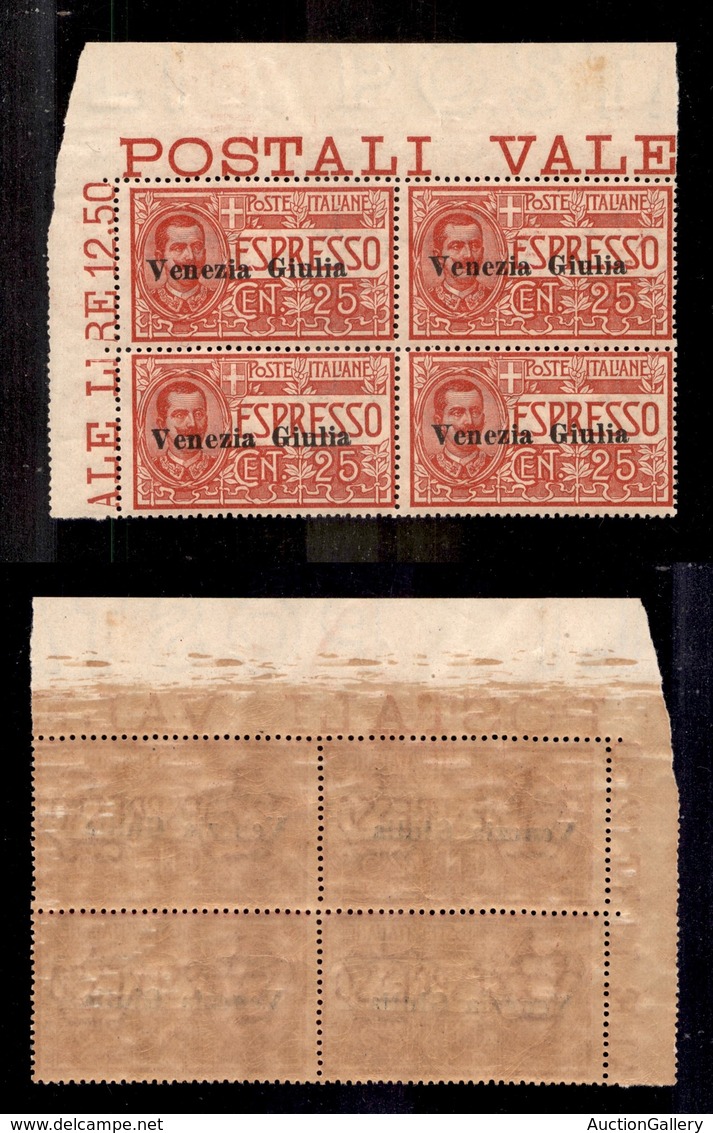 A17-367-A14-0525 OCCUPAZIONI - VENEZIA GIULIA - 1919 - Quartina Del 25 Cent Espresso (1) Angolo Di Foglio - Gomma Integr - Other & Unclassified