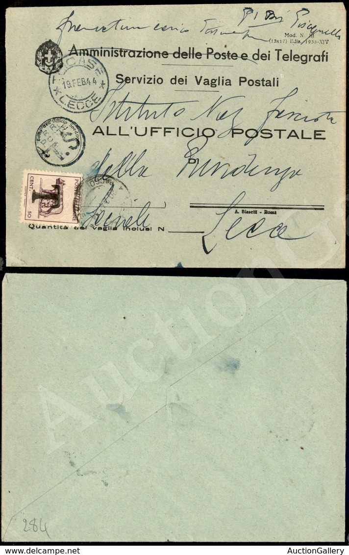 A17-055-A06-321 REGNO D'ITALIA - LUOGOTENENZA - 50 Cent (515A) Come Tassa Su Busta Da Tricase A Lecce Del 19.2.44 - Altri & Non Classificati