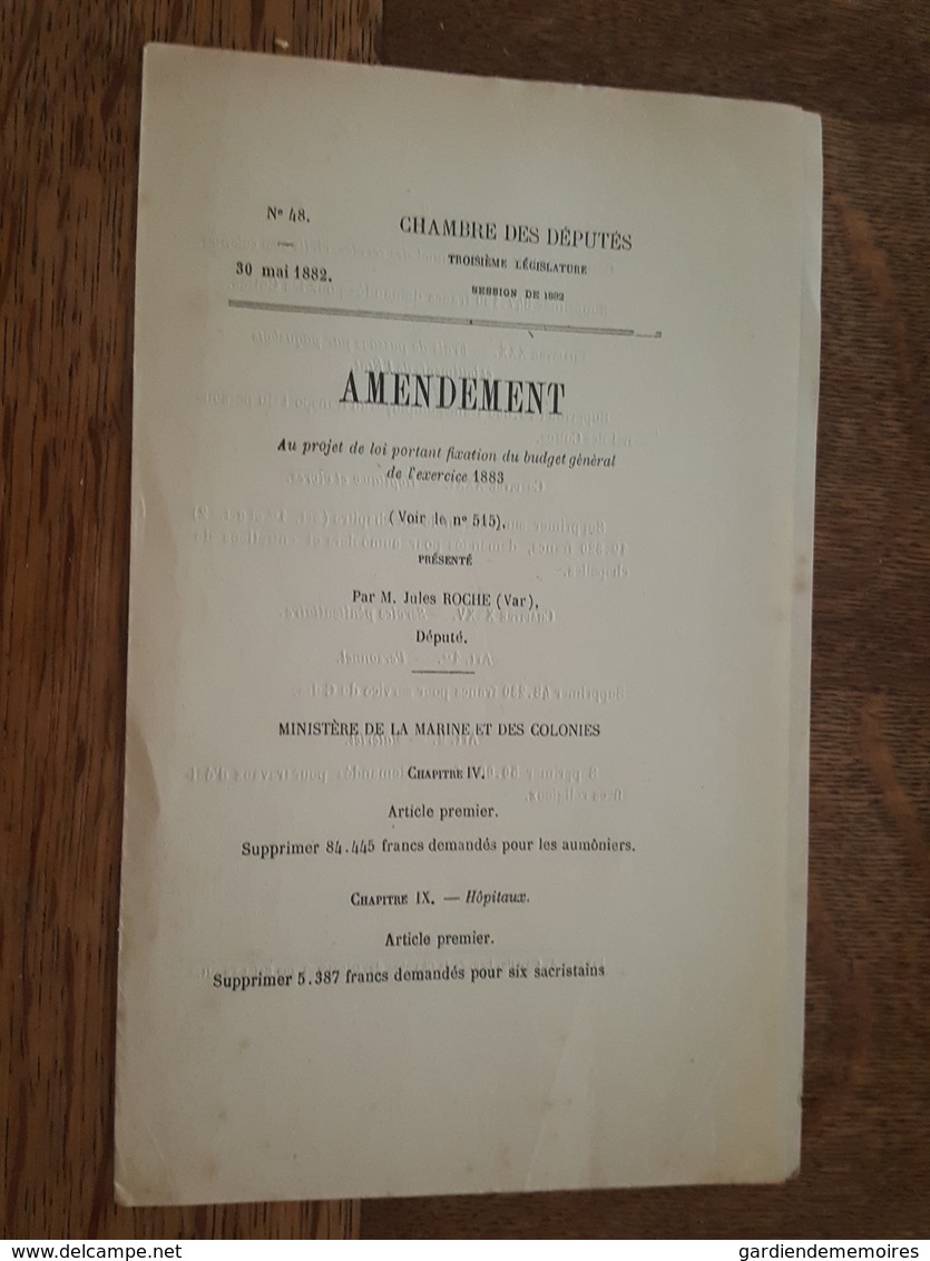 1882 - Amendement Au Projet De Loi - Ministère De La Marine Et Colonies - Aumoniers, Sacristains, Frais Passage Paquebot - Decreti & Leggi