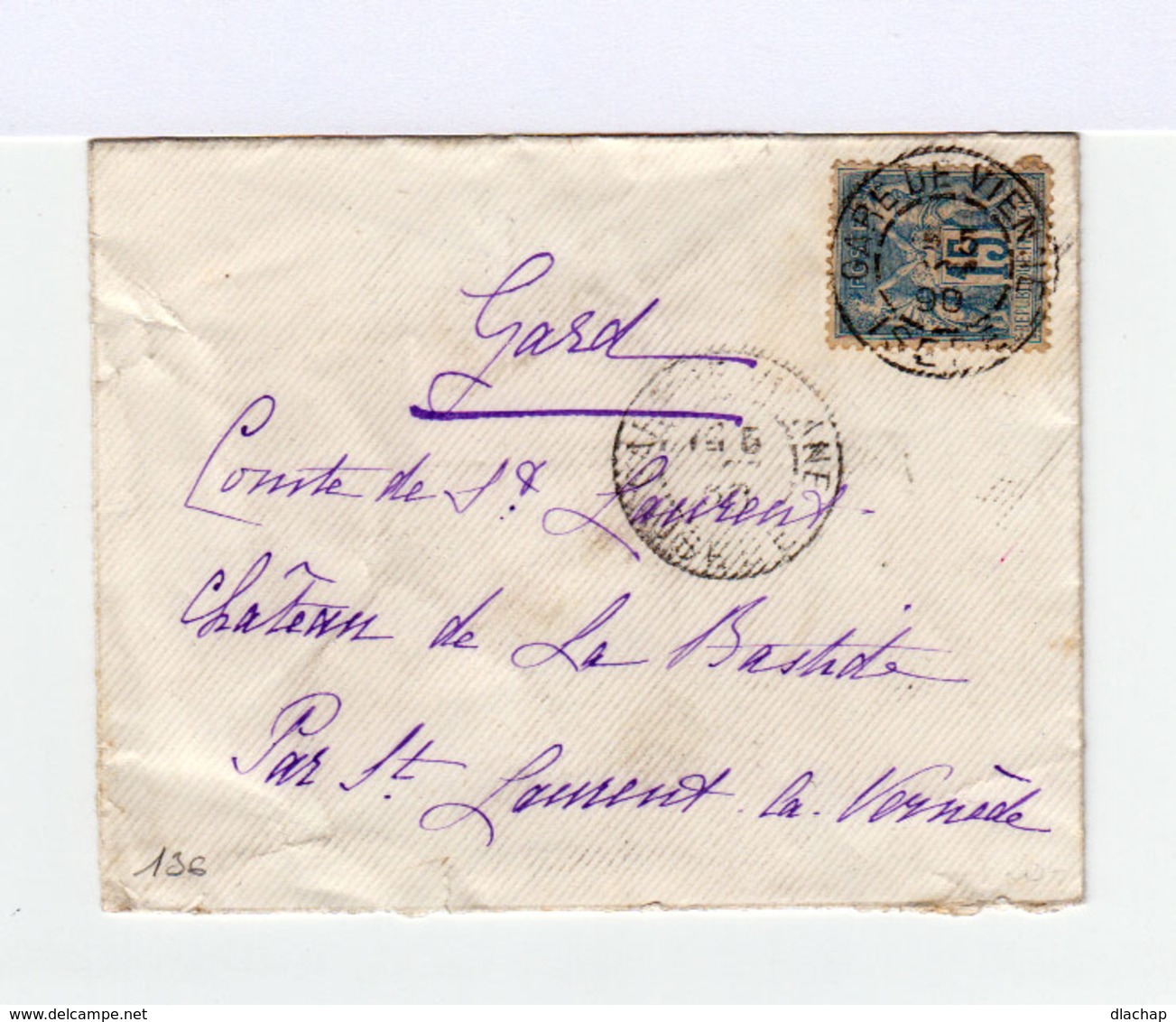 Sur Enveloppe 15 C. Sage Bleu Oblitéré. Cachet Gare De Vienne, Isère, 1890. (566) - 1877-1920: Période Semi Moderne