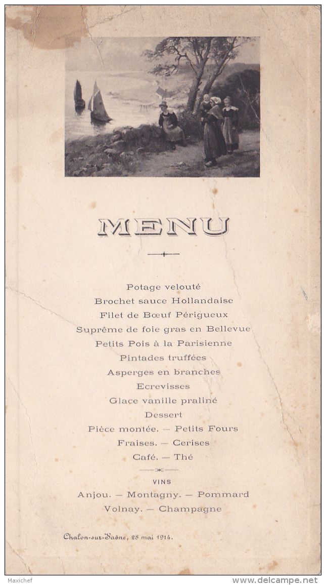 Menu Illustré Et Imprimé " Bretonnes Au Départ Des Pêcheurs - Chalon Sur Saône, 29 Mai 1914 - Menükarten