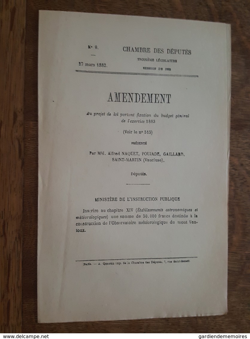 1882 - Amendement Au Projet De Loi - Mont Ventoux - Construction Observatoire (Astronomiques Et Météorologiques) - Décrets & Lois