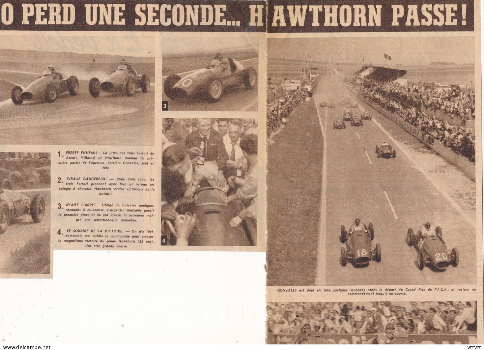 AUTOMOBILE : PHOTO, GRAND PRIX A.C.F., REIMS, HAWTHORN, FANGIO, GONZALES, FERRARI, MASERATI, COUPURE REVUE (1953) - Collections