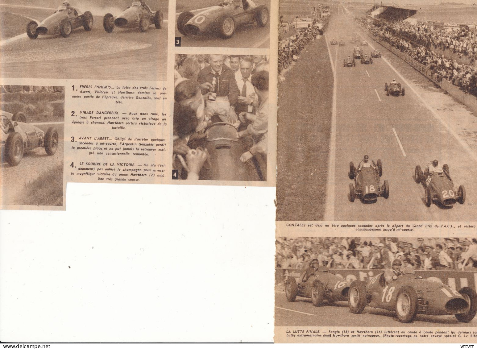 AUTOMOBILE : PHOTO, GRAND PRIX A.C.F., REIMS, HAWTHORN, FANGIO, GONZALES, FERRARI, MASERATI, COUPURE REVUE (1953) - Collections