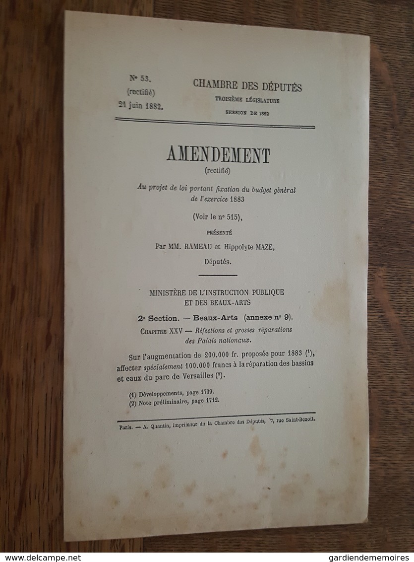 1884 - Amendement Au Projet De Loi - Ministère Beaux Arts, Rectifié, Réparation Et Entretien Des Bassins Parc Versailles - Décrets & Lois