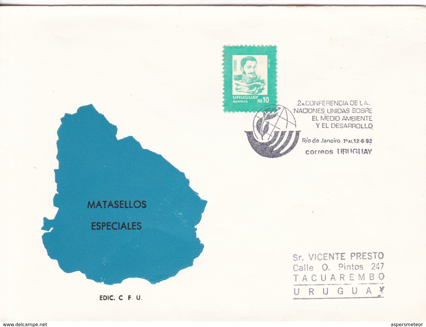 2da CONFERENCIA DE LAS NACIONES UNIDAS SORE EL MEDIO AMBIENTE Y EL DESARROLLO. CORREOS DEL URUGUAY. OBLIT 1992.- BLEUP - Uruguay