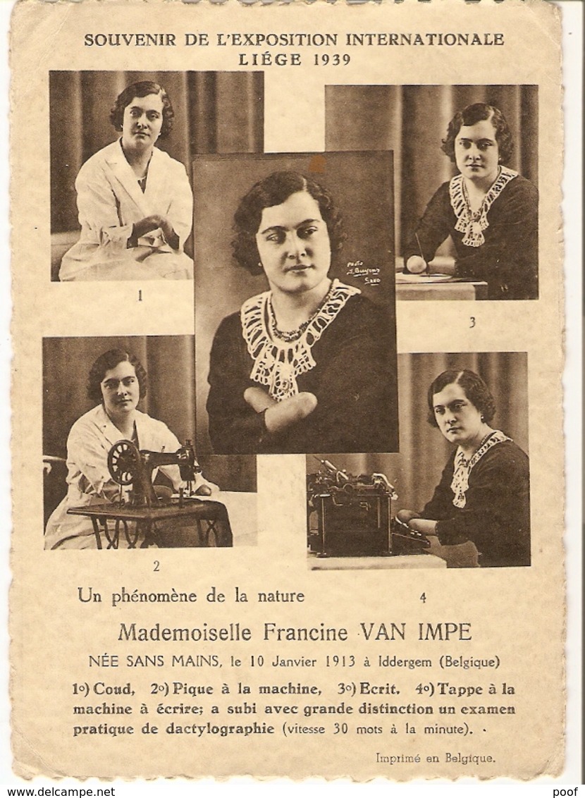 Iddergem ( Denderleeuw ) : Souvenir De L'exposition Internationale Liège 1939 --- Mademoiselle Francine Van Impe - Denderleeuw