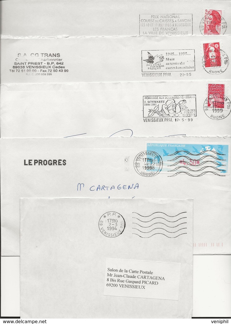 VENISSIEUX LOT DE 5 LETTRES OBLITERATIONS DIVERSES- ANNEE 1985 A 1999 - Mechanische Stempels (reclame)