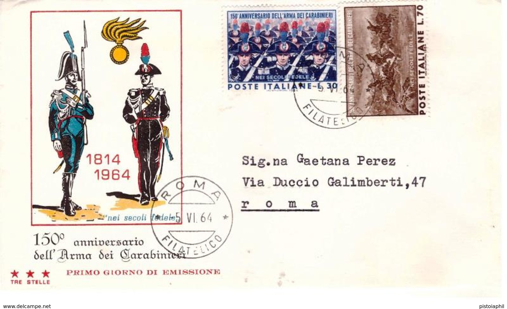 Fdc Tre Stelle : ARMA CARABINIERI 1964  ; No Viaggiata; AF_Roma - FDC