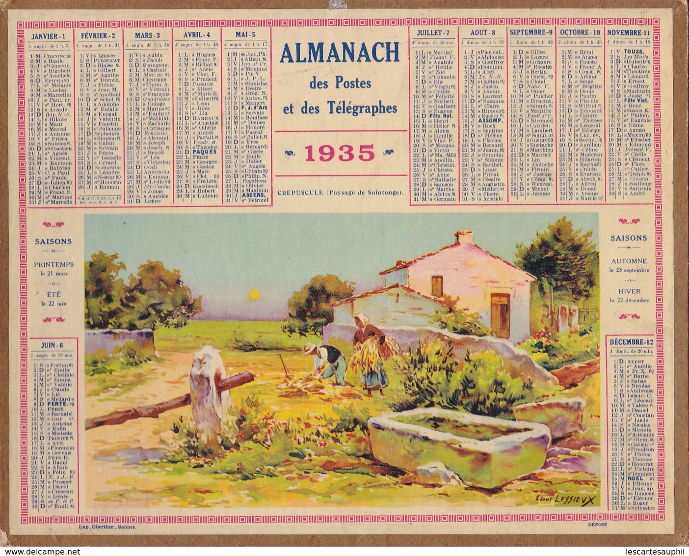 Almanach Des Postes Et Télégraphes 1935 Illustré Ernest Louis Lessieux  Crepuscule Paysage De Saintonge Paysans Blés - Grand Format : 1921-40