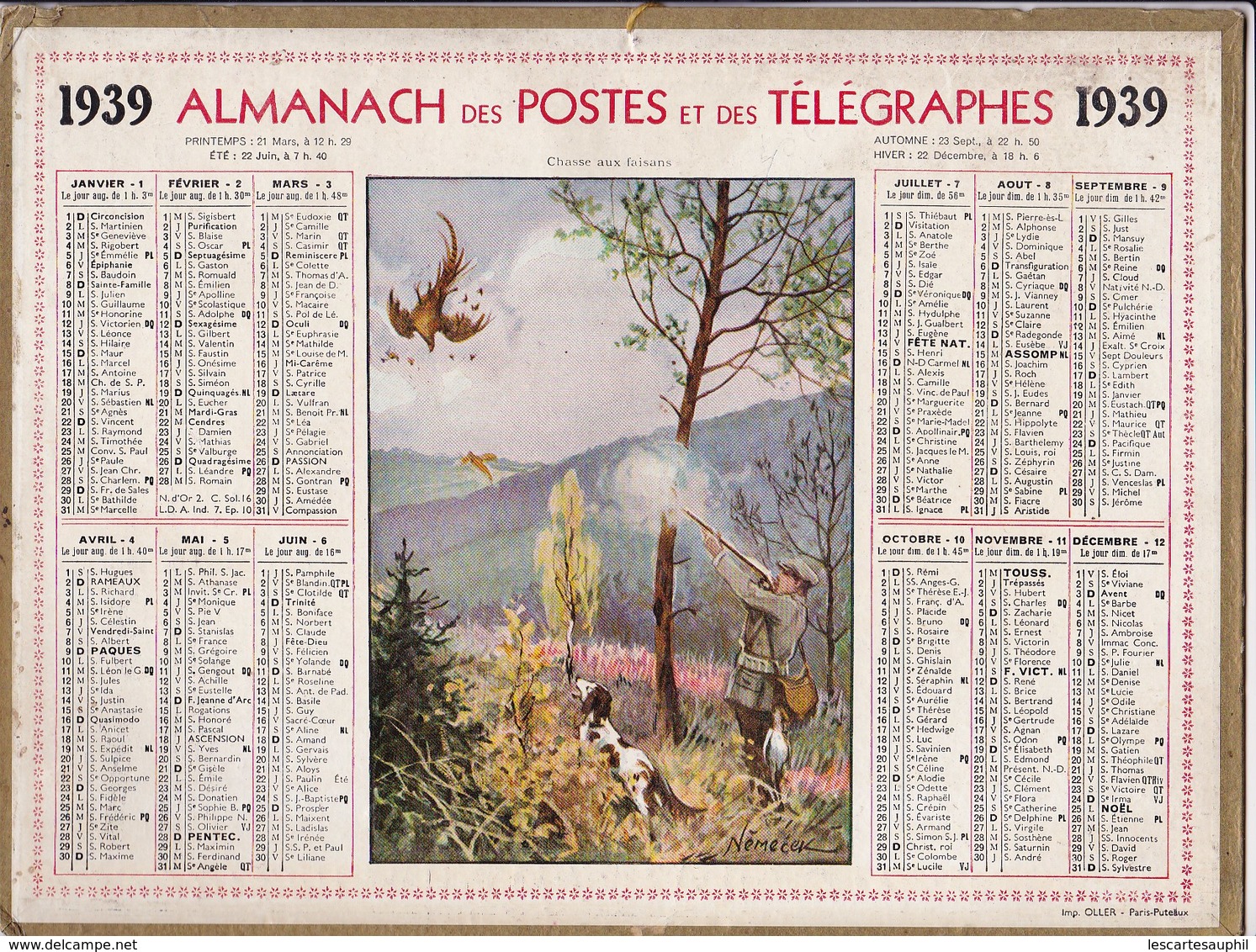 Almanach Des Postes Et Télégraphes 1939 Illustré A Nemecek Chasse Aux Faisans Et Chien Chasseur Tirant Un Faisan - Grand Format : 1921-40