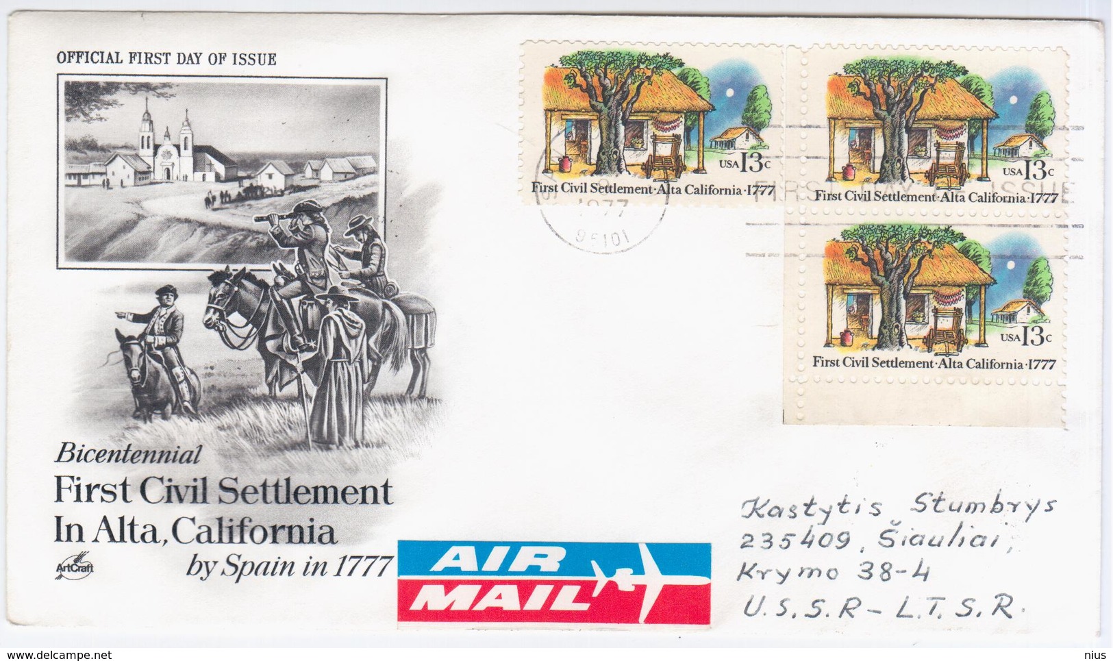 USA United States 1977 FDC First Civil Settlement In Alta, California, Canceled In San Jose, Siauliai USSR, Horse Horses - 1971-1980