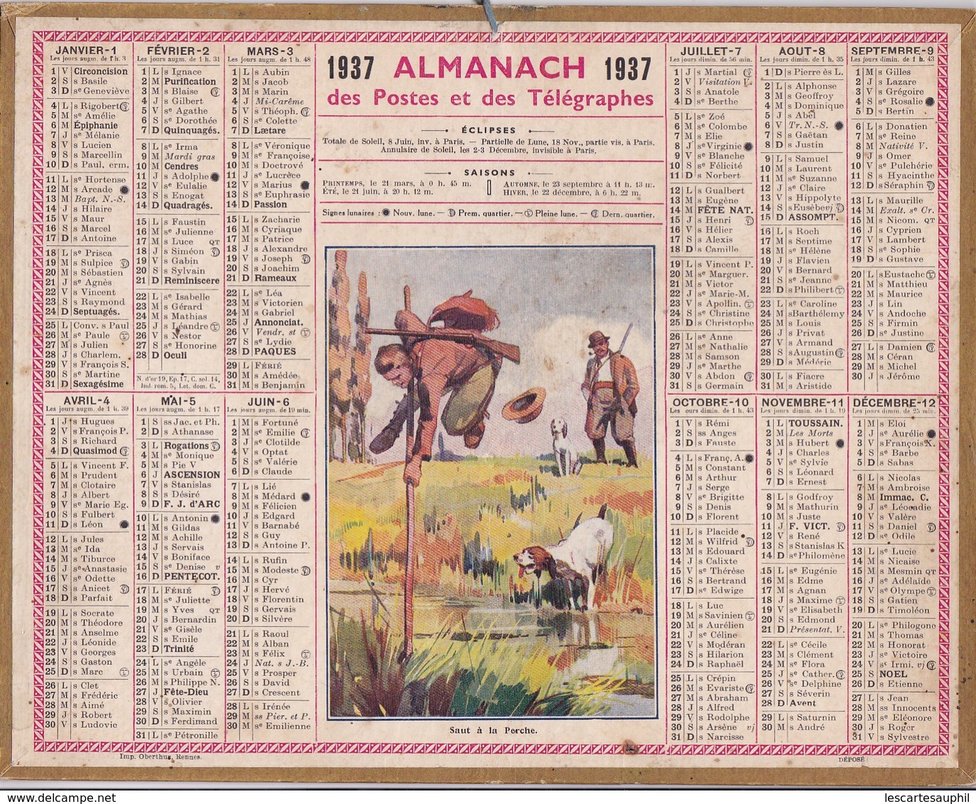 Almanach Des Postes Et Télégraphes 1937 Illustré Chasseurs Sautant A La Perche Par Dessus Un Ruisseau Chasse - Groot Formaat: 1921-40