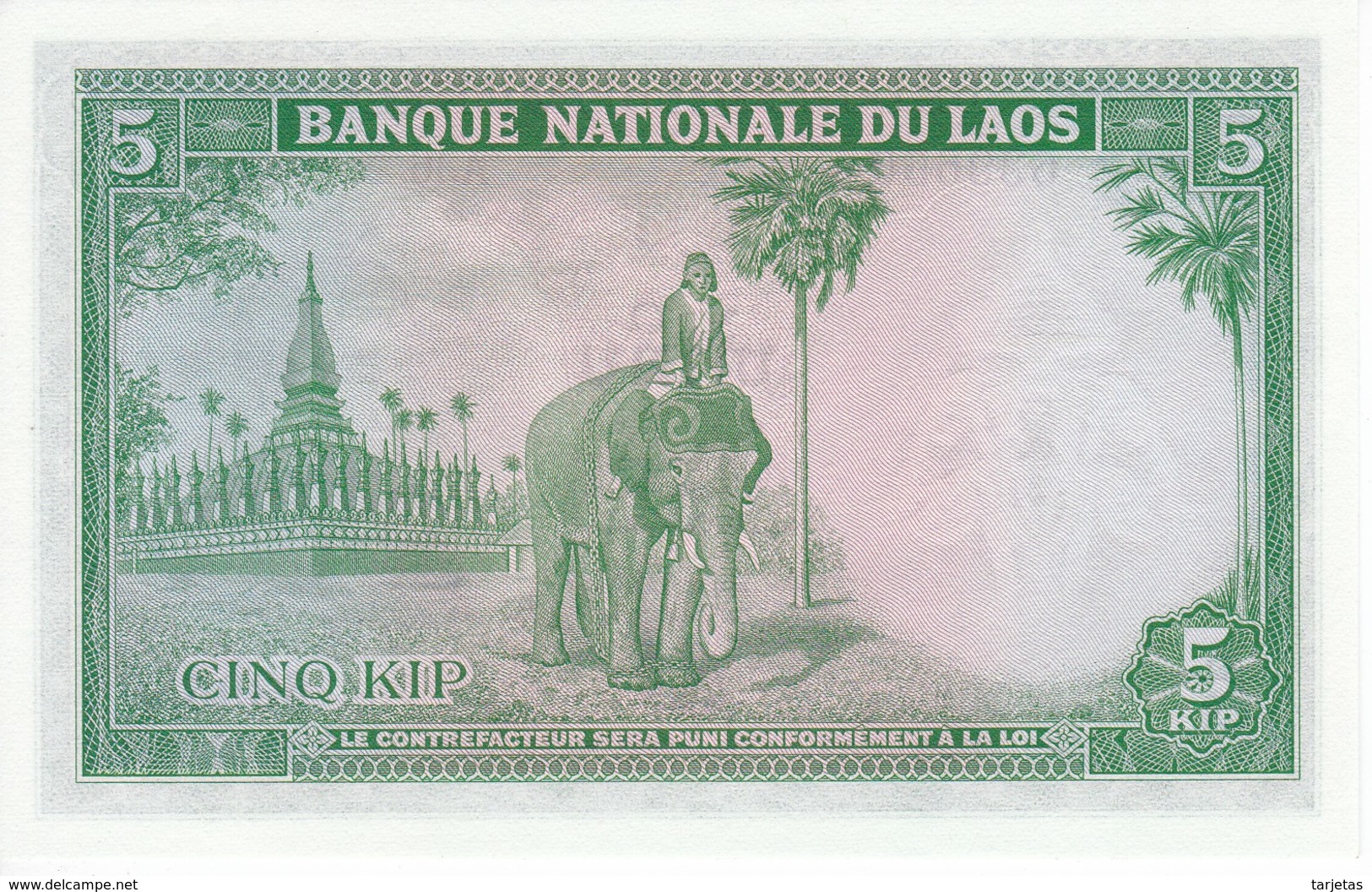 BILLETE DE LAOS DE 5 KIP DEL AÑO 1962  SIN CIRCULAR - UNCIRCULATED (BANKNOTE) ELEFANTE-ELEPHANT - Indochine