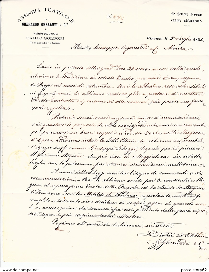 Agenzia Teatrale Di  Gherardo Gherardi, Lettera Da Firenze Per Monza. Piego Con Contenuto 1864 - Teatro