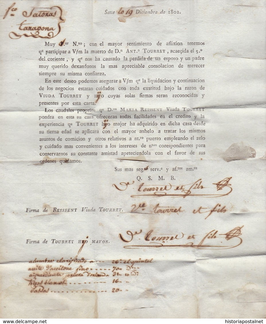 1802. CETTE POUR TARRAGONA (ESPAGNE). LETTRE PURIFIÉE. - 1801-1848: Precursores XIX