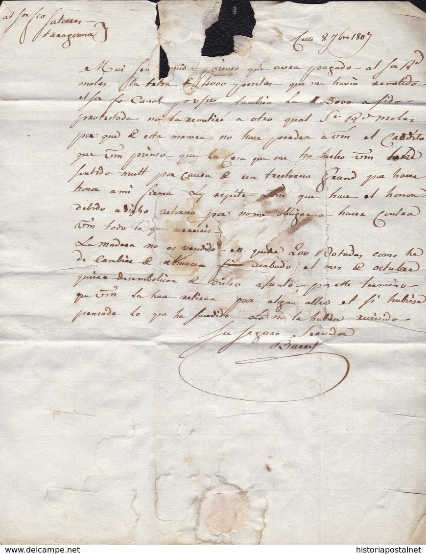 1807. CETTE POUR TARRAGONA (ESPAGNE). LETTRE PURIFIÉE. - 1801-1848: Precursores XIX