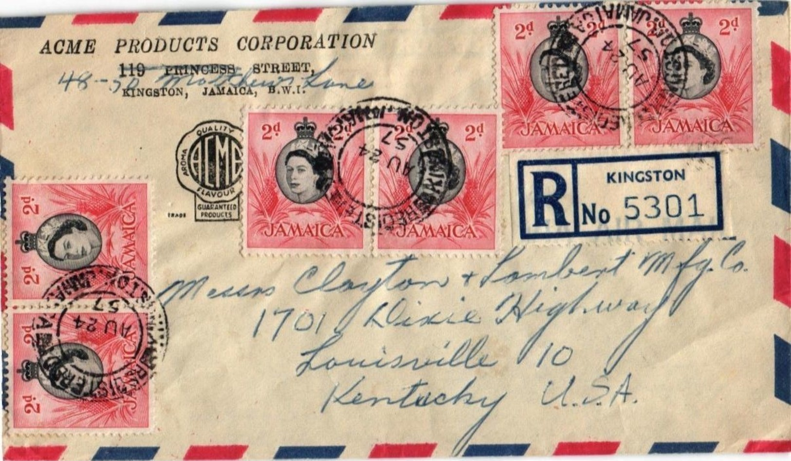 JAMAICA /  MULTI FRANKED REGISTERED  COVER 1957 - Collections (sans Albums)